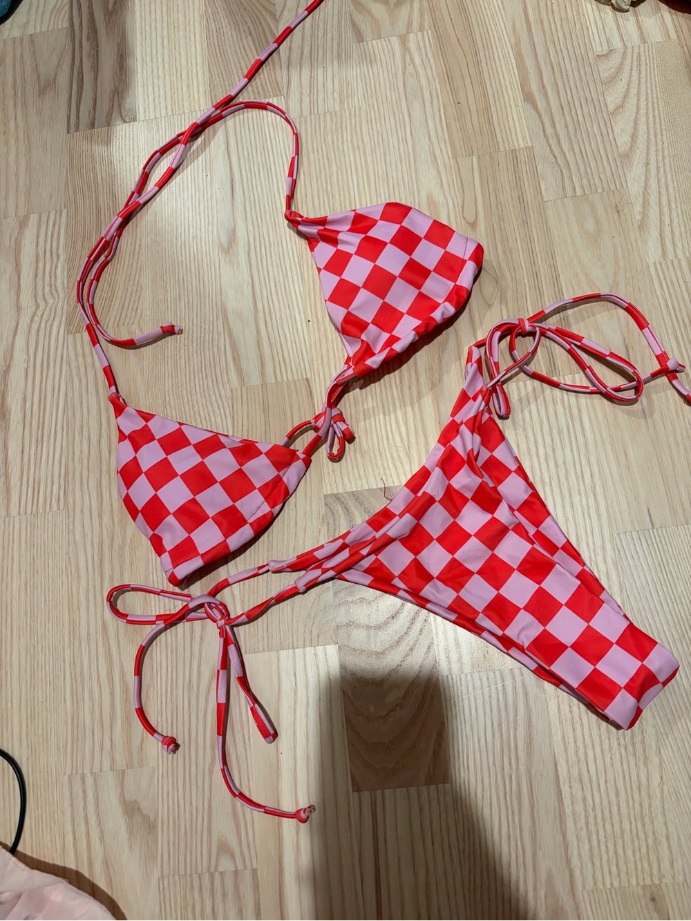 Red & Pink Checkerboard String Bikini